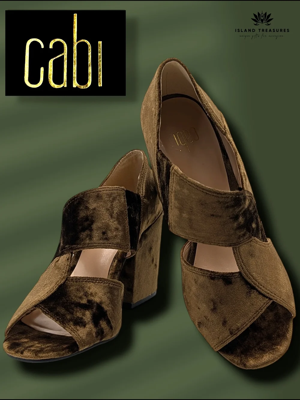 CAbi Interlock Sz 6 Crushed Velvet Sandal Olive Green Peep Toe Block Heel